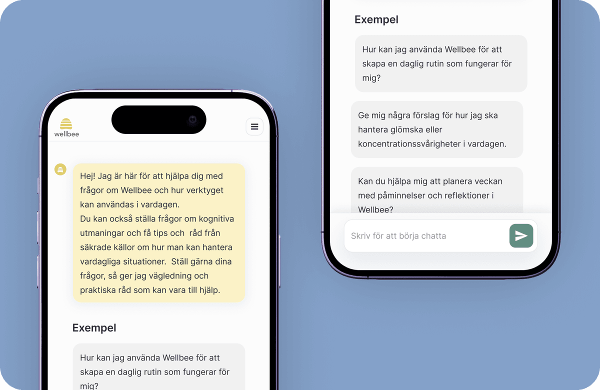 Wellbee AI visas upp på två mobiler